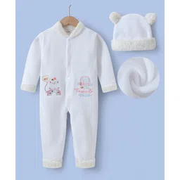 Kookie Kids Full Sleeves Winter Wear Romper With Elephant Embroidery & Cap - White-picture-16