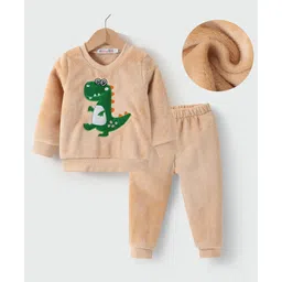 Kookie Kids Full Sleeves Winter Wear Suit With Dino Applique - Beige-picture-19
