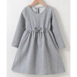 Kookie Kids Full Sleeves Woollen Party Frock with Cable Knit Design & Bow Applique - Grey-picture-23