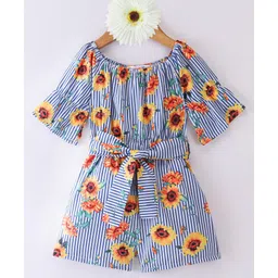 Kookie Kids Half Sleeves Jumpsuit With Striped & Floral Print - Blue-picture-12