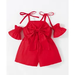 Kookie Kids Off Shoulder Sleeves Solid Color Jumpsuit with Bow Applique - Red-picture-17