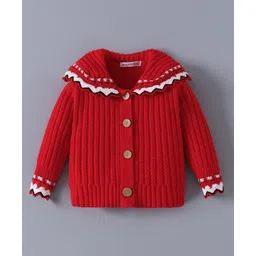 Kookie Kids Viscose Knit Full Sleeves Collar Neck Front Open Sweater with Cable Knit Design - Red-picture-25