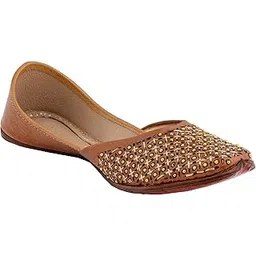 korakari Women's Traditional Ethnic Amber Punjabi Jutti, Leather Flat Comfortable Mojaris for Girls (Size: UK3, Tan)-picture-45