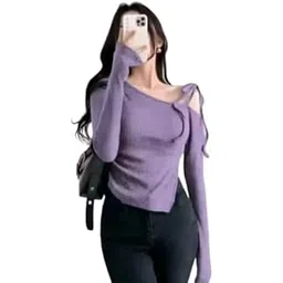 Korean Lycra Style Knot Unbalanced Long Sleeve Casual Wear Top for Women-picture-17