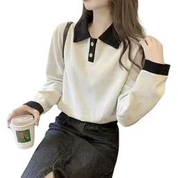 Korean Style White Ribbed Polo T-Shirt for Women | Casual Button Collar Long Sleeve Top | Stylish & Comfortable-picture-41