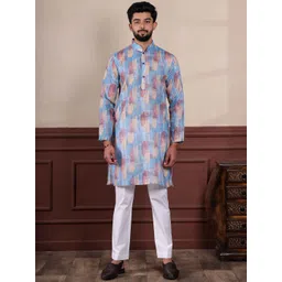 Koshin Abstract Printed Linen Mandarin Collar Straight Kurta With Pyjamas-picture-49