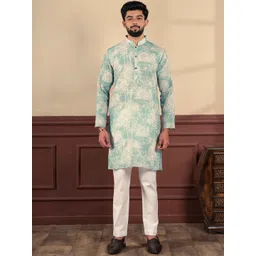 Koshin Floral Printed Linen Mandarin Collar Straight Kurta With Pyjamas-picture-45