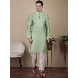 Koshin Floral Woven Design Mirror Work Mandarin Collar Straight Kurta With Pyjamas-picture-17
