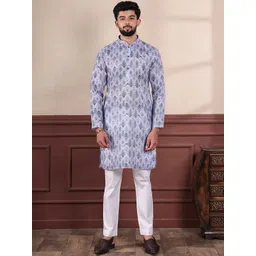 Koshin Geometric Printed Linen Mandarin Collar Straight Kurta With Pyjamas-picture-47