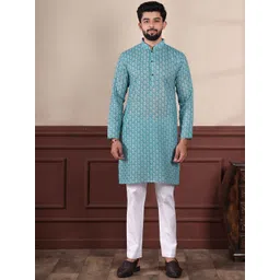 Koshin Paisley Printed Linen Mandarin Collar Straight Kurta With Pyjamas-picture-48