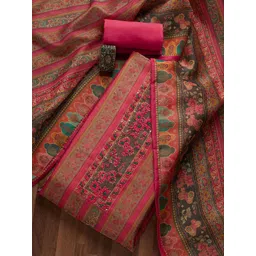 Koskii Pink & Green Embroidered Art Silk Unstitched Dress Material image 1