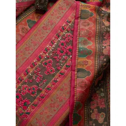 Koskii Pink & Green Embroidered Art Silk Unstitched Dress Material image 4
