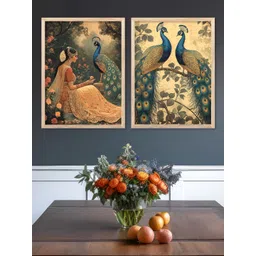 Kotart Brown & Blue 2 Pieces Peacocks Printed Wooden Wall Arts-picture-33