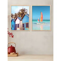 Kotart Brown & White 2 Pieces Boats & Houses Printed Wooden Wall Arts-picture-41
