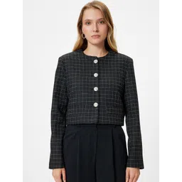Koton Checked Long Sleeve Cropped Blazer-picture-15
