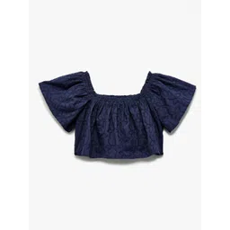 Koton Girls Square Neck Floral Embroidered Flared Sleeve Cotton Crop Top-picture-17