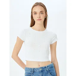 Koton Women Floral Solid Round Neck T-shirt-picture-35