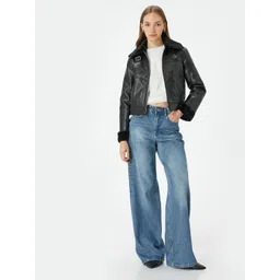 Koton Women Spread Collar Solid Casual Biker Jacket-picture-36