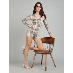 Kotty Cotton V-Neck Long Sleeves Checked Basic Jumpsuit-picture-33