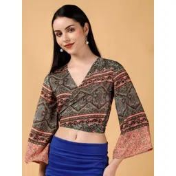 Kotty Floral Print Bell Sleeve Crepe Wrap Crop Top-picture-42