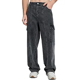 kotty Men’s Loose Fit Cargo Denim Jeans – Vintage Washed Utility Jeans with Side Pockets-picture-45