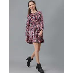 Kotty Navy Blue & Red Floral Printed Tie Up Neck Crepe Smocked Fit & Flare Dress-picture-28