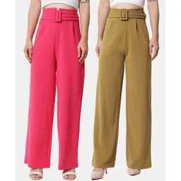kotty Pack of 2 Women Regular Fit Pink, Brown Viscose Rayon Trousers-picture-21