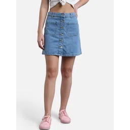 Kotty Women Blue Solid Denim Mini A-Line Skirt-picture-42