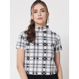 Kotty Women Checked Printed High Neck Short Sleeves Casual Top-picture-39