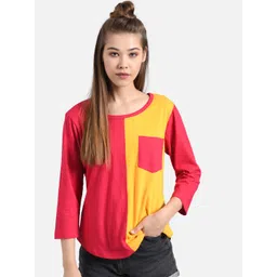 Kotty Women Pink & Yellow Colourblocked Round Neck T-shirt-picture-18