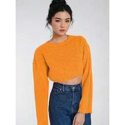 Kotty Women Solid Ribbed Crop Pullover Sweater-picture-16