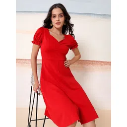 Kotty Women Solid Sweetheart Neck Puff Sleeve A-Line Midi Dress-picture-14