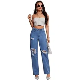 kotty Women's High Rise Cotton Blend Distressed Straight Fit Trendy Ripped Denim Jeans-picture-51