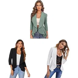 kotty Women's Single Breasted Relaxed Fit Shawl Collar Blazers in Coal Black & Snow White.-picture-27
