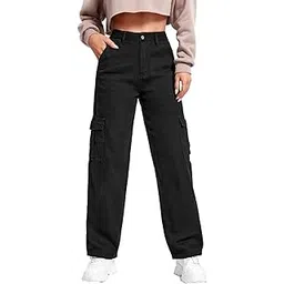 kotty Women's Solid Mid Rise Relaxed Fit Cargo Jeans-picture-47