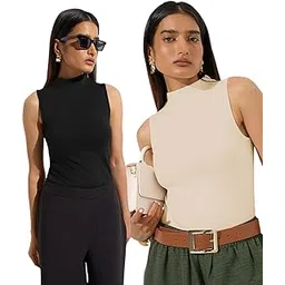 Women’s Sleeveless High Neck Ribbed Tank Top Combo Pack of 2 Stylish Casual & Office Wear Tops-image-14