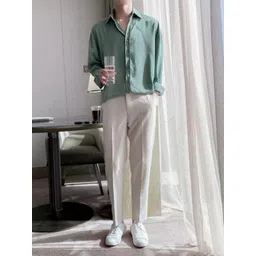 KPOP Men Original Relaxed Regular Fit Solid Spread Collar Cotton Casual Shirt-picture-29