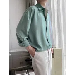 KPOP Men Original Relaxed Regular Fit Solid Spread Collar Cotton Casual Shirt image 5