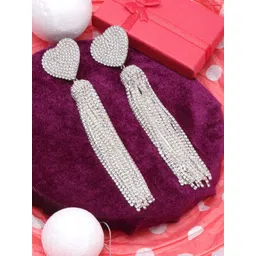 KPOP Silver-Plated Rhinestone Studded Heart Shaped Tasselled Drop Earrings-picture-17