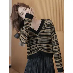 KPOP Women Striped Woollen Crop Pullover-picture-25