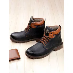 KRAASA Men Black Solid Patent Leather Regular Boots-picture-11