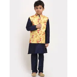 KRAFT INDIA Boys Navy Blue Floral Dupion Silk Kurta with Pyjamas & Nehru Jacket-picture-18