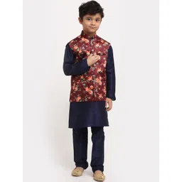 KRAFT INDIA Boys Navy Blue Floral Dupion Silk Kurta with Pyjamas & Nehru Jacket-picture-35