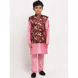 KRAFT INDIA Boys Pink Floral Dupion Silk Kurta with Pyjamas & Nehru Jacket-picture-24