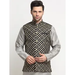 KRAFT INDIA Ethnic Motifs Embroidered Mandarin Collar Zari Nehru Jacket-picture-38