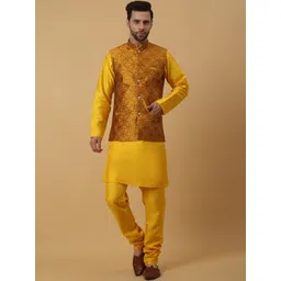 KRAFT INDIA Jacquard Mandarin Collar Straight Kurta & Churidar With Nehru Jacket-picture-33