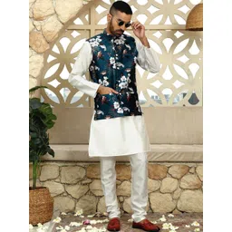 KRAFT INDIA Mandarin Collar Straight Kurta with Churidar & Floral Nehru Jacket-picture-18