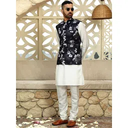 KRAFT INDIA Mandarin Collar Straight Kurta with Churidar & Floral Nehru Jacket-picture-20