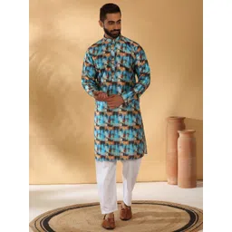 KRAFT INDIA Men Abstract Blue Printed Regular Straight Kurta-image-18