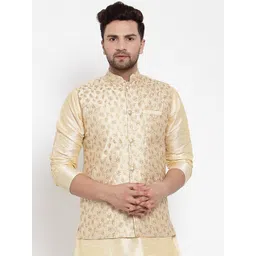 KRAFT INDIA Men Beige & Gold Silk Embroidered Nehru Jacket-image-31